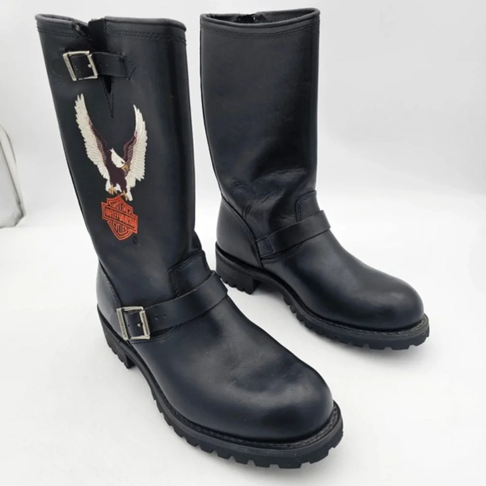 Harley-Davidson Mens‎ Black Leather Eagle Logo Engineer Boots 91511 Size 9 USA